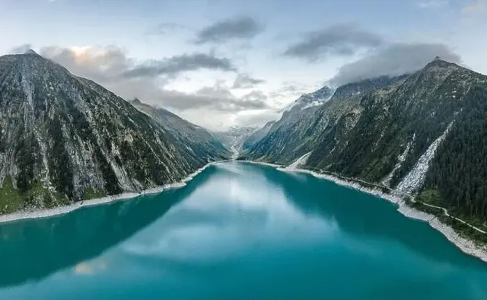 Framed Print : Aerial drone shot of Schlegeisspeicher resevoir with galcier view at dusk Framed Print : Aerial drone shot of Schlegeisspeicher resevoir with galcier view at dusk