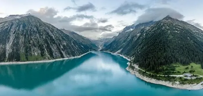 Framed Print : Aerial drone shot of Schlegeisspeicher resevoir with galcier view at dusk