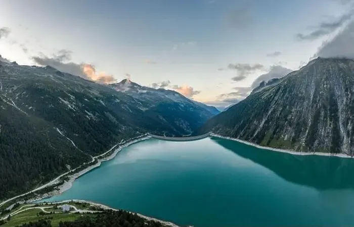 Framed Print : Aerial drone shot of Schlegeisspeicher resevoir with galcier view at dusk Framed Print : Aerial drone shot of Schlegeisspeicher resevoir with galcier view at dusk
