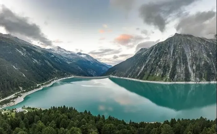 Framed Print : Aerial drone shot of Schlegeisspeicher resevoir with galcier view at dusk