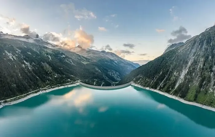 Framed Print : Aerial drone shot of Schlegeisspeicher resevoir with galcier view at dusk Framed Print : Aerial drone shot of Schlegeisspeicher resevoir with galcier view at dusk