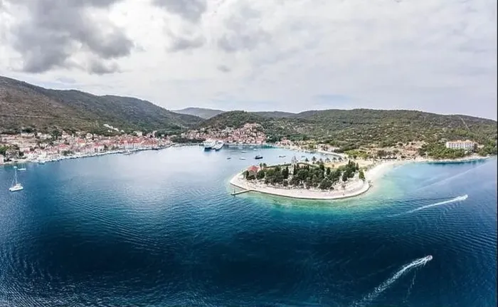 Framed Print : Aerial drone shot of St. Jeronima church on Vis Island coastline by adriatic sea in summer