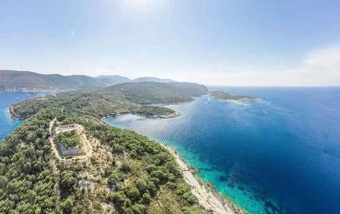 Framed Print : Aerial drone shot of stone Fort George Croatia on top of hill in Adriatic sea on Vis Island in summer Framed Print : Aerial drone shot of stone Fort George Croatia on top of hill in Adriatic sea on Vis Island in summer