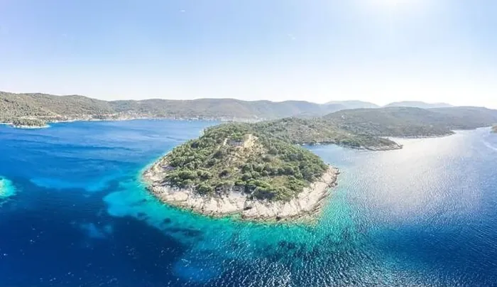 Framed Print : Aerial drone shot of stone Fort George Croatia on top of hill in Adriatic sea on Vis Island in summer Framed Print : Aerial drone shot of stone Fort George Croatia on top of hill in Adriatic sea on Vis Island in summer