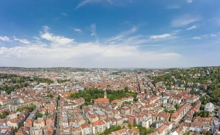 Framed Print : Aerial drone shot of Stuttgart suburb at summer noon Framed Print : Aerial drone shot of Stuttgart suburb at summer noon