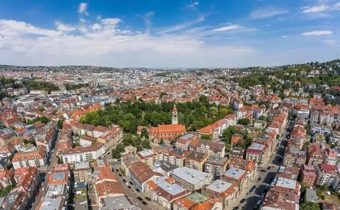 Framed Print : Aerial drone shot of Stuttgart suburb at summer noon Framed Print : Aerial drone shot of Stuttgart suburb at summer noon