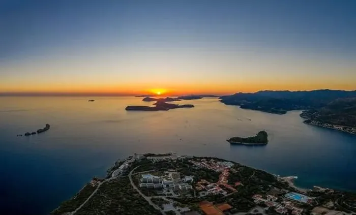 Framed Print : Aerial drone shot of sunset over Adriatic sea vie from Babin Kuk hill in Dubrovnik Croatia summer Framed Print : Aerial drone shot of sunset over Adriatic sea vie from Babin Kuk hill in Dubrovnik Croatia summer