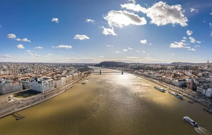 Framed Print : Aerial drone shot of Szchenyi Bridge over Danube in Budapest winter morning Framed Print : Aerial drone shot of Szchenyi Bridge over Danube in Budapest winter morning