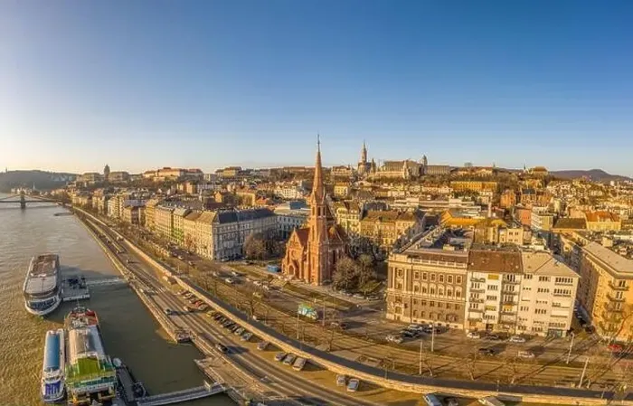 Framed Print : Aerial drone shot of Szilagy Dezso Square reformed church Matthias Church during Budapest sunrise