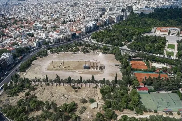 Framed Print : Aerial drone shot of temple ruins at Archaeological Site of Olympieion and zappeion hall in Athens Framed Print : Aerial drone shot of temple ruins at Archaeological Site of Olympieion and zappeion hall in Athens
