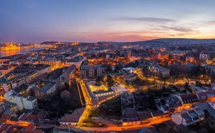 Framed Print : Aerial drone shot of Tomb of Gul Baba with lights on in Budapest sunset Framed Print : Aerial drone shot of Tomb of Gul Baba with lights on in Budapest sunset