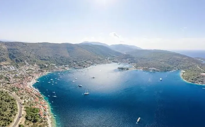 Framed Print : Aerial drone shot of town port Adriatic coastline on Vis Island in Croatia summer Framed Print : Aerial drone shot of town port Adriatic coastline on Vis Island in Croatia summer