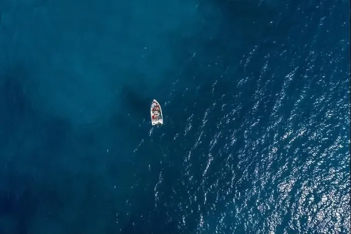 Framed Print : Aerial drone shot view of a boat in Ionian sea near Zakynthos Island