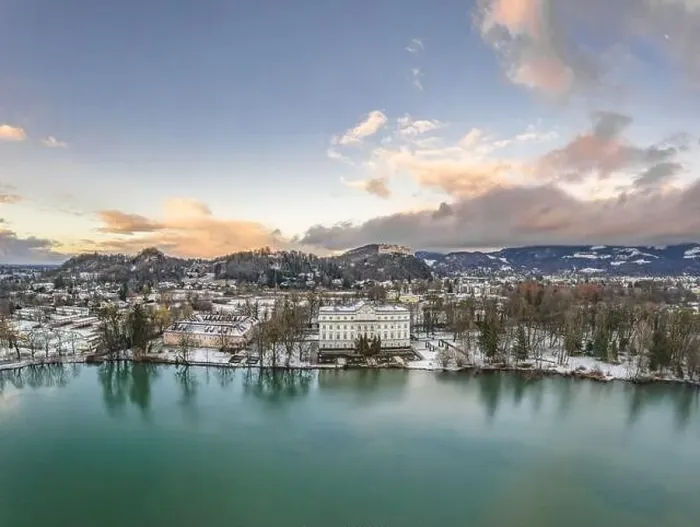Framed Print : Aerial drone shot view of Leopoldskroner lake southwest of outskirts of Salzburg during winter Framed Print : Aerial drone shot view of Leopoldskroner lake southwest of outskirts of Salzburg during winter