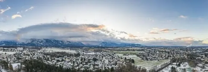 Framed Print : Aerial drone shot view of outskirts and austrian alps untersberg with heavy fog in winter Framed Print : Aerial drone shot view of outskirts and austrian alps untersberg with heavy fog in winter