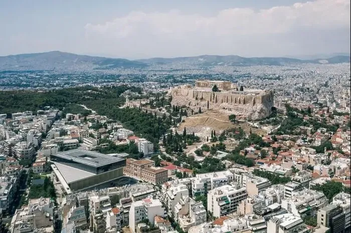 Framed Print : Aerial drone shot view of Partheon in Acropolis and museum in Athens city Framed Print : Aerial drone shot view of Partheon in Acropolis and museum in Athens city