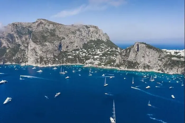 Framed Print : Aerial drone shot view of southern coastline of Capri Islan in Tyrrhenian sea with yachts