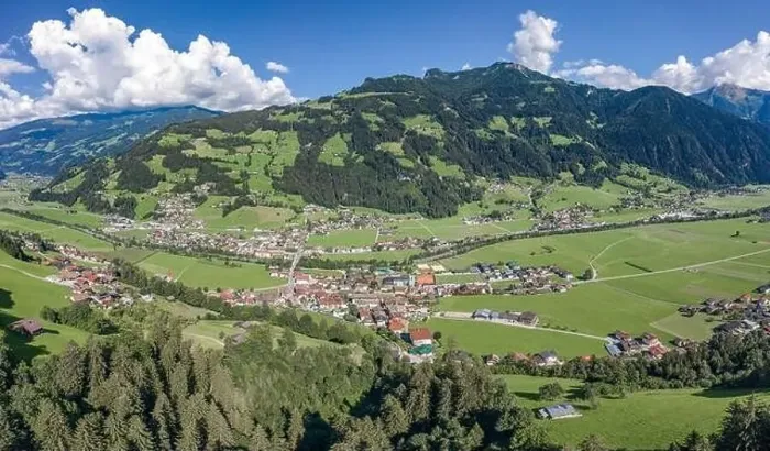 Framed Print : Aerial drone shot of Zillertal valley with clouds in Tyrol Austria summer Framed Print : Aerial drone shot of Zillertal valley with clouds in Tyrol Austria summer