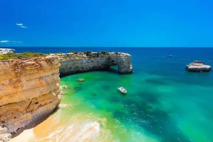 Framed Print : Aerial drone view of the Albandeira Beach (Praia da Albandeira) in Lagoa, Algarve, Portugal
