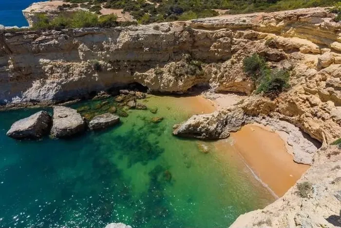 Framed Print : Aerial drone view of the Albandeira Beach (Praia da Albandeira) in Lagoa, Algarve, Portugal