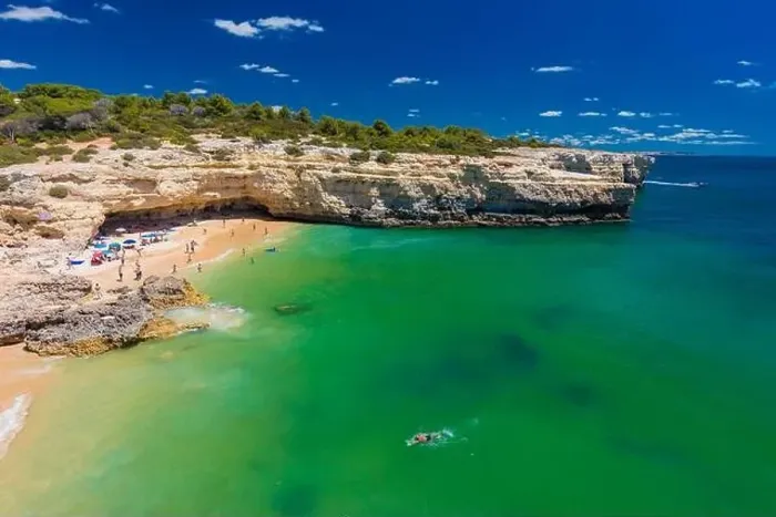 Framed Print : Aerial drone view of the Albandeira Beach (Praia da Albandeira) in Lagoa, Algarve, Portugal
