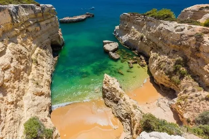 Framed Print : Aerial drone view of the Albandeira Beach (Praia da Albandeira) in Lagoa, Algarve, Portugal