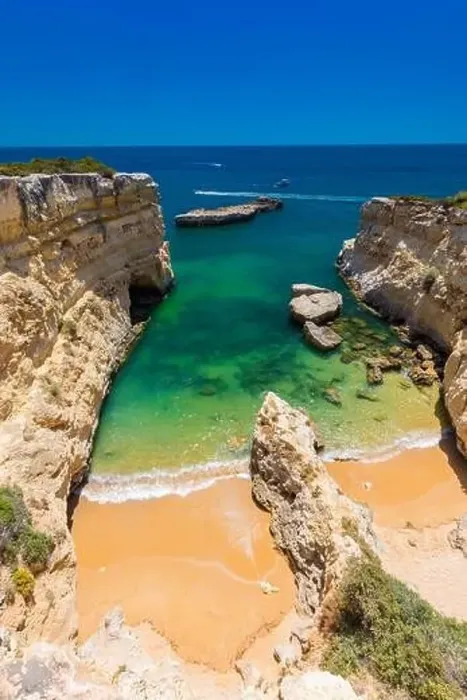 Framed Print : Aerial drone view of the Albandeira Beach (Praia da Albandeira) in Lagoa, Algarve, Portugal