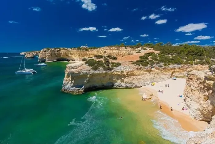 Framed Print : Aerial drone view of the Albandeira Beach (Praia da Albandeira) in Lagoa, Algarve, Portugal