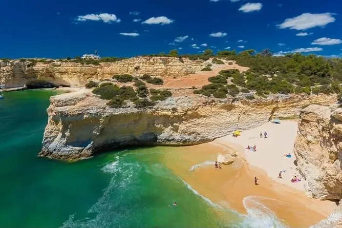 Framed Print : Aerial drone view of the Albandeira Beach (Praia da Albandeira) in Lagoa, Algarve, Portugal