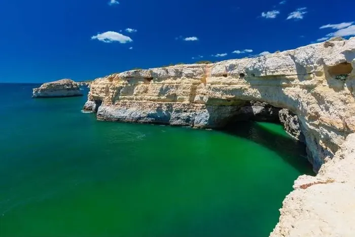 Framed Print : Aerial drone view of the Albandeira Beach (Praia da Albandeira) in Lagoa, Algarve, Portugal
