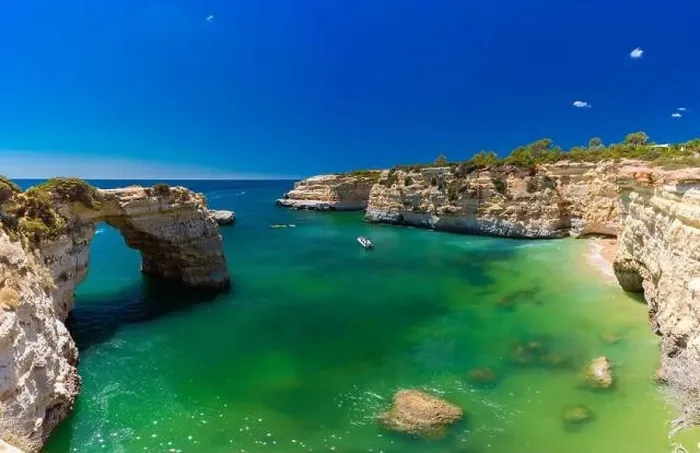 Framed Print : Aerial drone view of the Albandeira Beach (Praia da Albandeira) in Lagoa, Algarve, Portugal