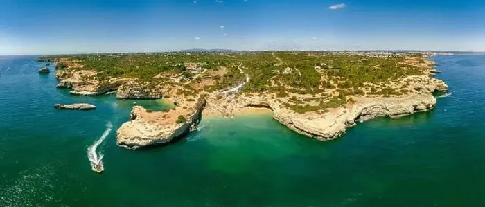Framed Print : Aerial drone view of the Albandeira Beach (Praia da Albandeira) in Lagoa, Algarve, Portugal