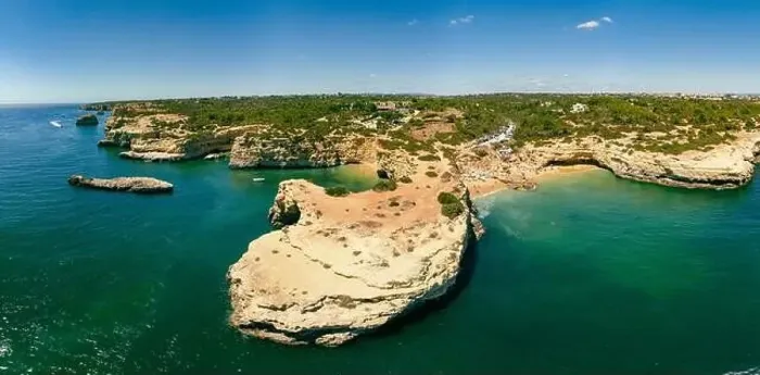 Framed Print : Aerial drone view of the Albandeira Beach (Praia da Albandeira) in Lagoa, Algarve, Portugal