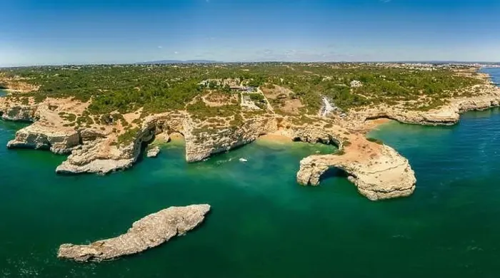 Framed Print : Aerial drone view of the Albandeira Beach (Praia da Albandeira) in Lagoa, Algarve, Portugal