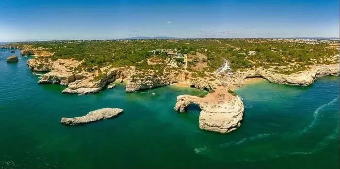 Framed Print : Aerial drone view of the Albandeira Beach (Praia da Albandeira) in Lagoa, Algarve, Portugal
