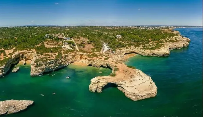 Framed Print : Aerial drone view of the Albandeira Beach (Praia da Albandeira) in Lagoa, Algarve, Portugal