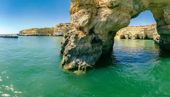 Framed Print : Aerial drone view of the Albandeira Beach (Praia da Albandeira) in Lagoa, Algarve, Portugal