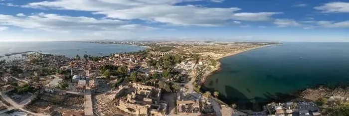 Framed Print : Aerial top drone view of ancient Side town, Antalya Province in Turkey Framed Print : Aerial top drone view of ancient Side town, Antalya Province in Turkey