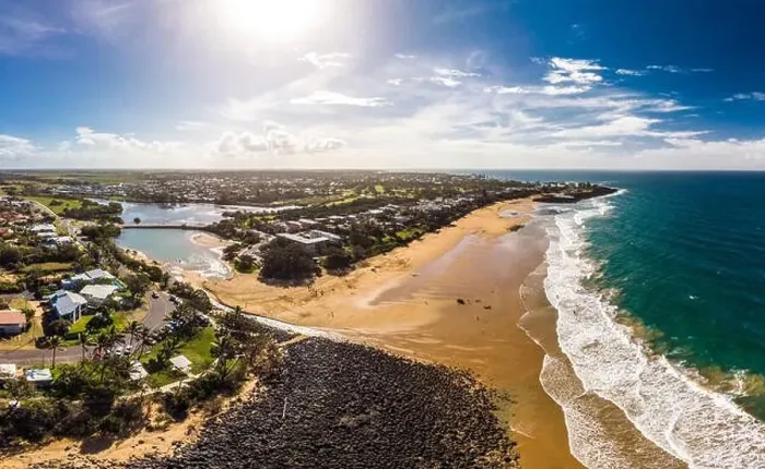 Framed Print : Aerial drone view of Bargara beach and surrounding area, Queensland, Australia Framed Print : Aerial drone view of Bargara beach and surrounding area, Queensland, Australia