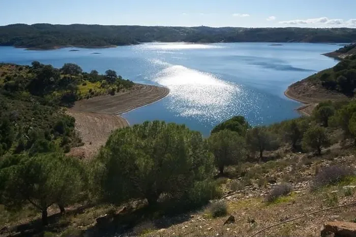 Framed Print : Aerial drone view of Barragem de Odeleite Dam reservoir in Alentejo, Portugal Framed Print : Aerial drone view of Barragem de Odeleite Dam reservoir in Alentejo, Portugal