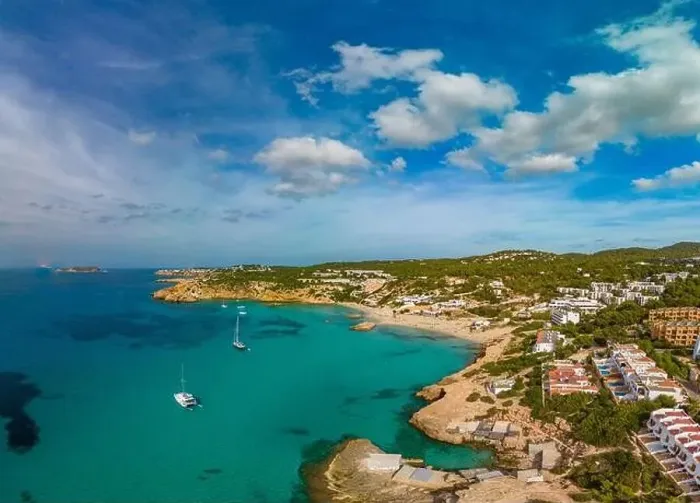 Framed Print : Aerial drone view of a beautiful coast and sea in Cala Tarida, Ibiza island, Spain Framed Print : Aerial drone view of a beautiful coast and sea in Cala Tarida, Ibiza island, Spain