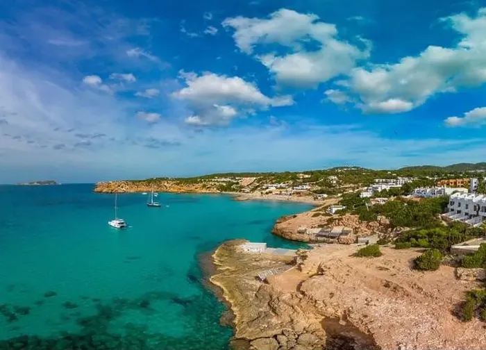 Framed Print : Aerial drone view of a beautiful coast and sea in Cala Tarida, Ibiza island, Spain Framed Print : Aerial drone view of a beautiful coast and sea in Cala Tarida, Ibiza island, Spain