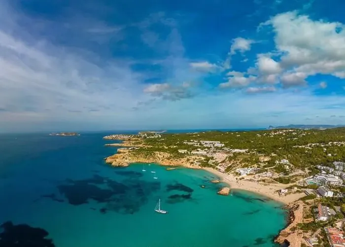 Framed Print : Aerial drone view of a beautiful coast and sea in Cala Tarida, Ibiza island, Spain Framed Print : Aerial drone view of a beautiful coast and sea in Cala Tarida, Ibiza island, Spain