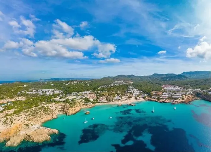 Framed Print : Aerial drone view of a beautiful coast and sea in Cala Tarida, Ibiza island, Spain