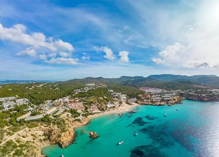 Framed Print : Aerial drone view of a beautiful coast and sea in Cala Tarida, Ibiza island, Spain