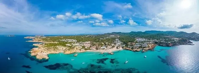 Framed Print : Aerial drone view of a beautiful coast and sea in Cala Tarida, Ibiza island, Spain
