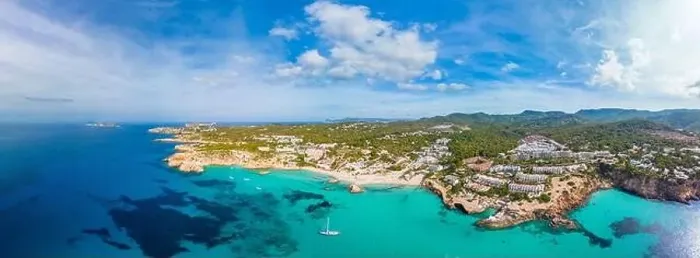 Framed Print : Aerial drone view of a beautiful coast and sea in Cala Tarida, Ibiza island, Spain Framed Print : Aerial drone view of a beautiful coast and sea in Cala Tarida, Ibiza island, Spain