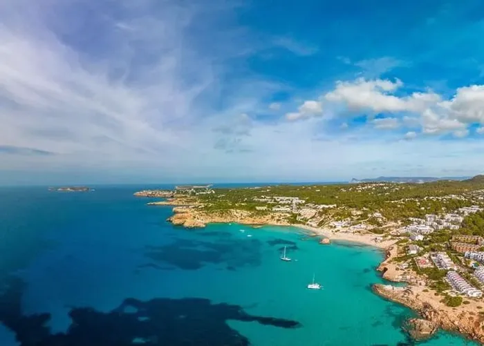 Framed Print : Aerial drone view of a beautiful coast and sea in Cala Tarida, Ibiza island, Spain Framed Print : Aerial drone view of a beautiful coast and sea in Cala Tarida, Ibiza island, Spain