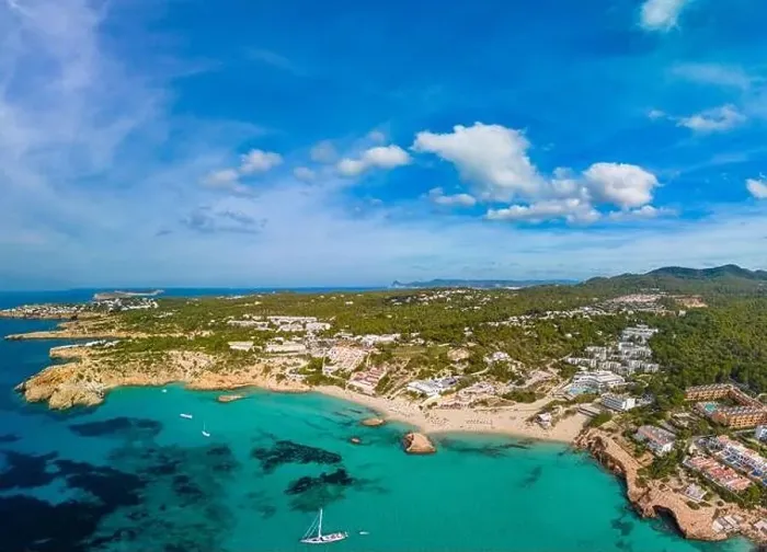 Framed Print : Aerial drone view of a beautiful coast and sea in Cala Tarida, Ibiza island, Spain Framed Print : Aerial drone view of a beautiful coast and sea in Cala Tarida, Ibiza island, Spain