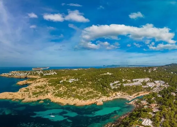 Framed Print : Aerial drone view of a beautiful coast and sea in Cala Tarida, Ibiza island, Spain